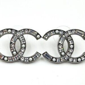 Chanel Gunmetal CC Baguette Princess Crystal Pearl Large Piercing Earrings